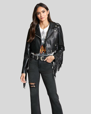 Women's Rebel Fringe Black Leather Moto Leather Jacket – view 4