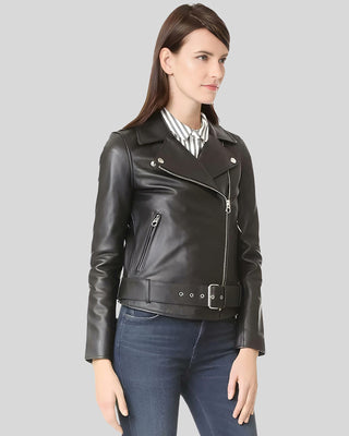 Women's Sandra Black Biker Leather Jacket – view 2