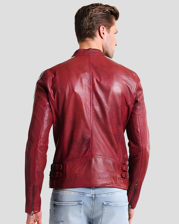 Edgy Crimson Leather Racer Jacket - Leather Skin Shop