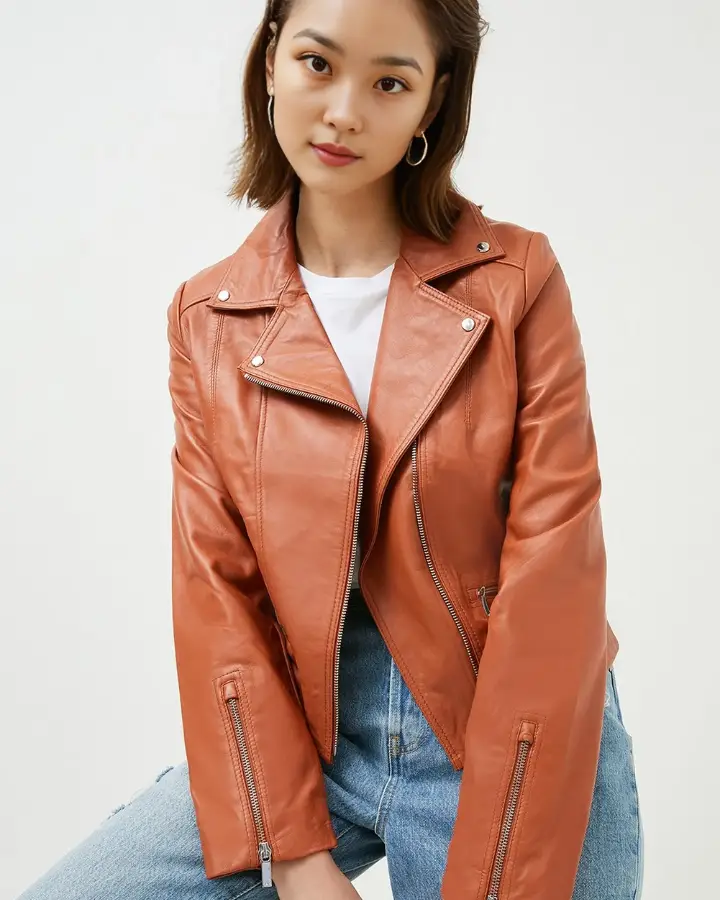 Women s Autumn Blaze Biker Tan Leather Jacket NYC Leather Jackets