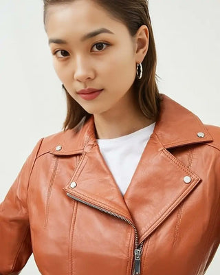 Women's Autumn Blaze Biker Tan Leather Jacket – view 2