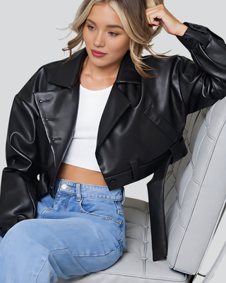 Women’s Armella Black Cropped Leather Jacket with Belt 3