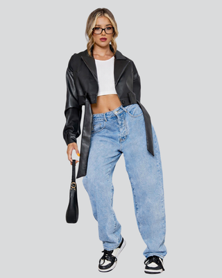 Women’s Armella Black Cropped Leather Jacket with Belt 4