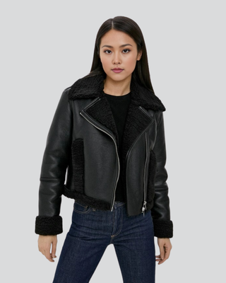 Womens Alivia Shearling Cropped Leather Biker Jacket 1