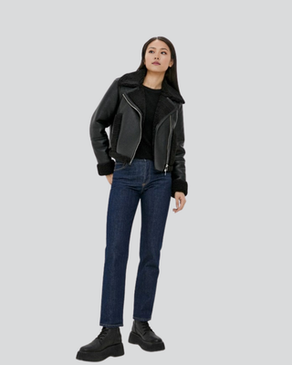 Womens Alivia Shearling Cropped Leather Biker Jacket 5