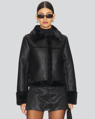 Womens Angela Black Leather Shearling Jacket with Zip Closure Front 1