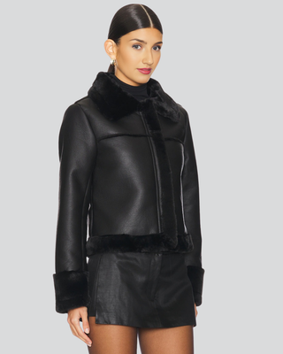 Womens Angela Black Leather Shearling Jacket with Zip Closure Front 2