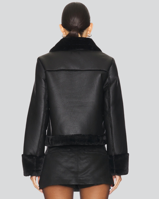 Womens Angela Black Leather Shearling Jacket with Zip Closure Front 3