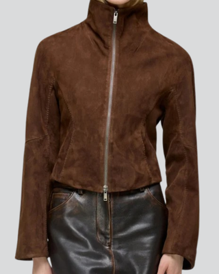 Womens Gladys Brown Suede Zip-Up Jacket with High Neck Collar 1