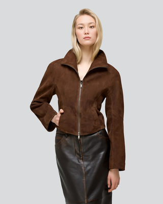 Womens Gladys Brown Suede Zip-Up Jacket with High Neck Collar 4