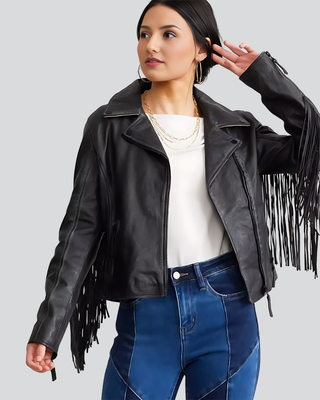 Womens Kerstin Black Leather Fringe Jacket with Star Appliqué Back 1