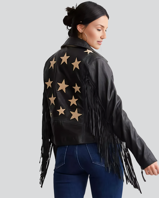 Womens Kerstin Black Leather Fringe Jacket with Star Appliqué Back 2