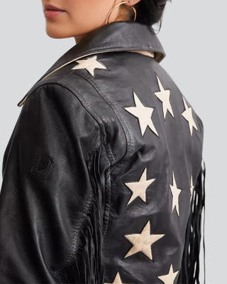 Womens Kerstin Black Leather Fringe Jacket with Star Appliqué Back 3
