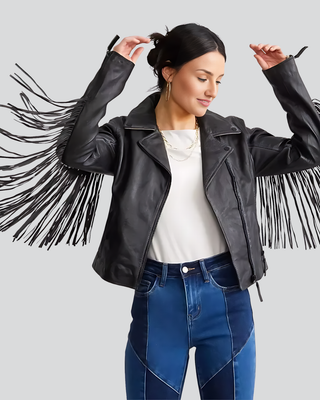 Womens Kerstin Black Leather Fringe Jacket with Star Appliqué Back 4