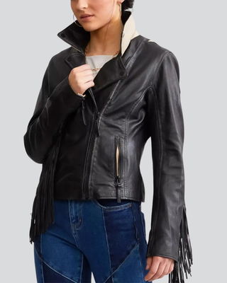 Womens Kerstin Black Leather Fringe Jacket with Star Appliqué Back 5