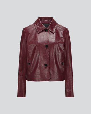 Womens Sancia Burgundy Leather Jacket with Button Front & Collar 4