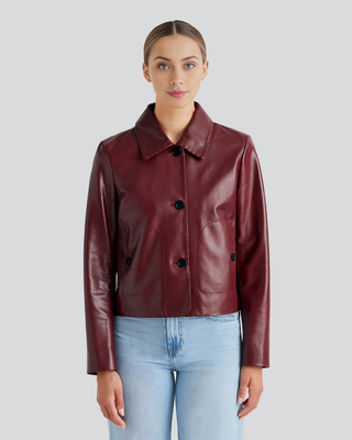 Womens Sancia Burgundy Leather Jacket with Button Front & Collar 1