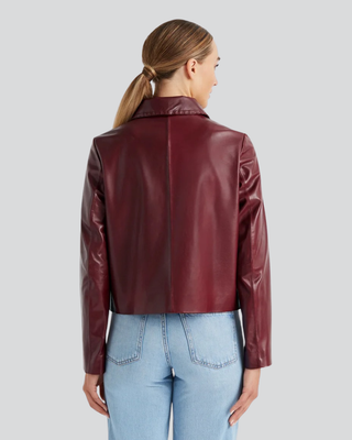 Womens Sancia Burgundy Leather Jacket with Button Front & Collar 2