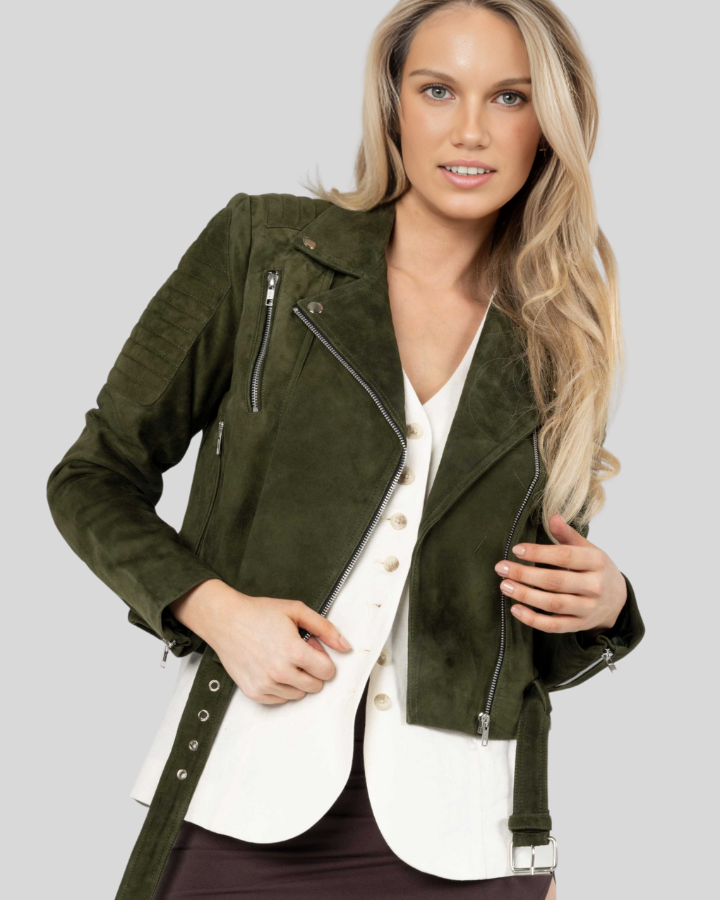 Zora olive green suede biker jacket front view