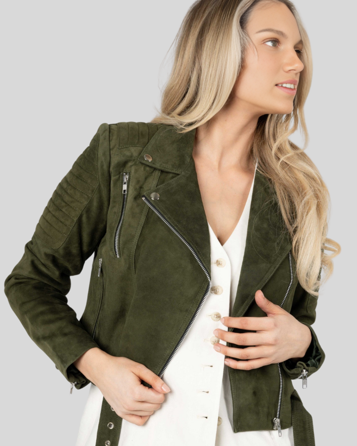 Zora olive green suede biker jacket side view