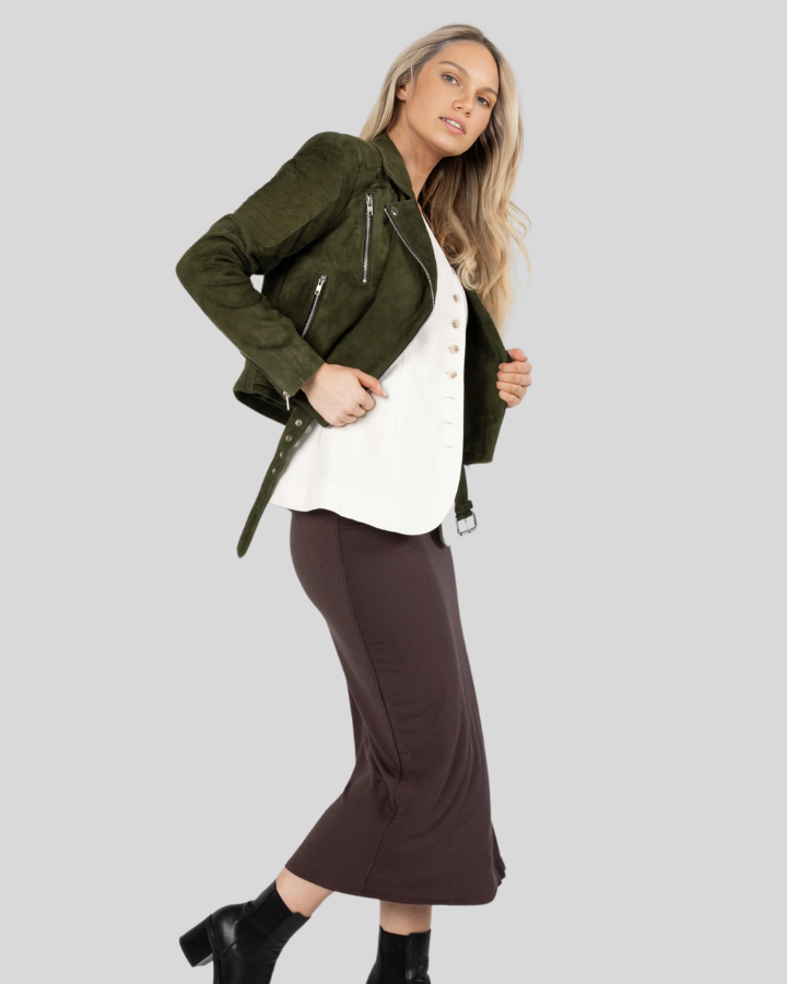Zora olive green suede biker jacket full outfit
