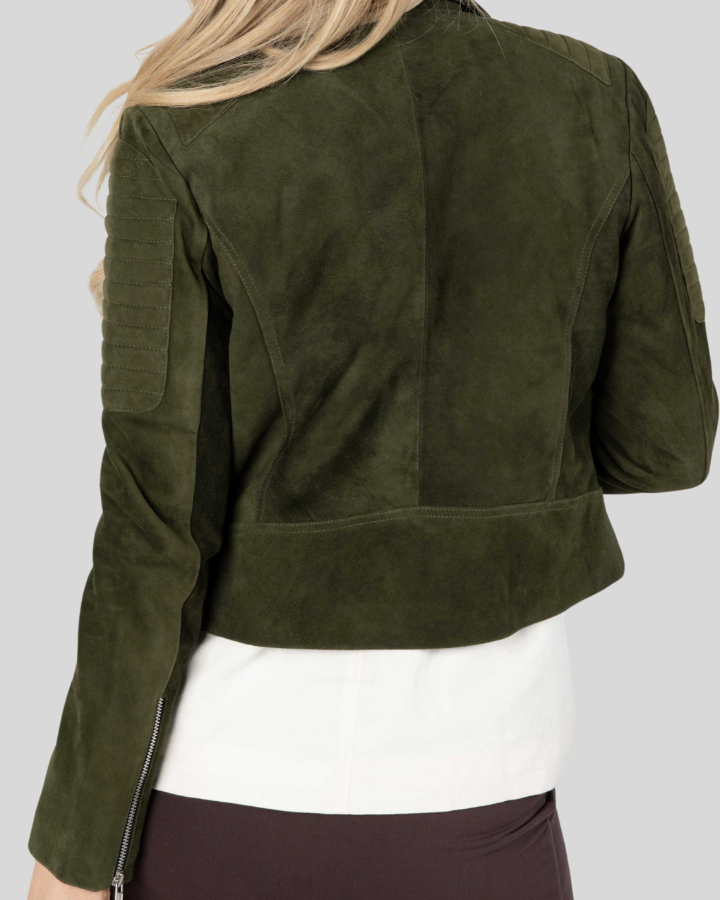 Zora olive green suede biker jacket back detail