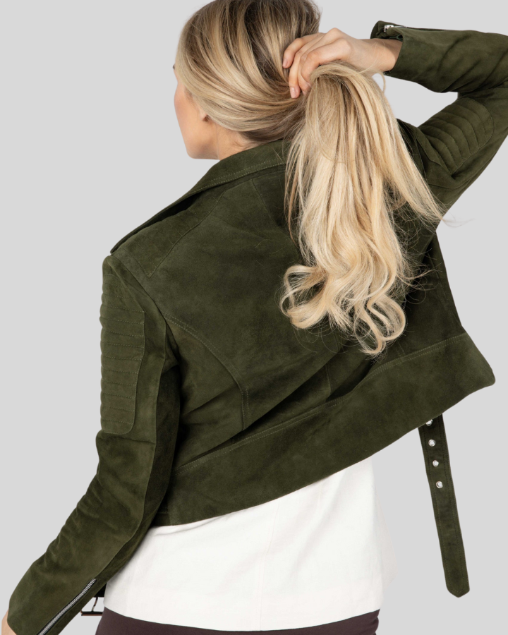 Zora olive green suede biker jacket back view