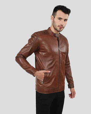 Men's Albie Brown Slim Fit Racer Leather Jacket – view 5