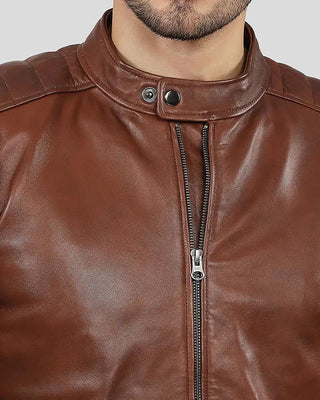 Men's Albie Brown Slim Fit Racer Leather Jacket – view 3