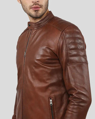 Men's Albie Brown Slim Fit Racer Leather Jacket – view 2