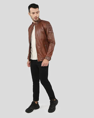 Men's Albie Brown Slim Fit Racer Leather Jacket – view 4