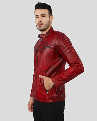 Men's Asher Distressed Red Quilted Racer Leather Jacket – view 3