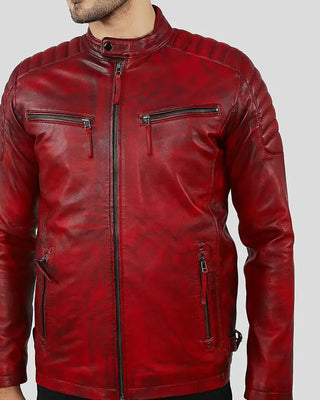 Men's Asher Distressed Red Quilted Racer Leather Jacket – view 2