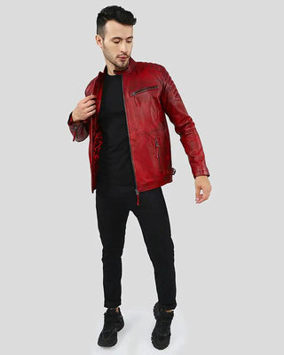 Men's Asher Distressed Red Quilted Racer Leather Jacket – view 4