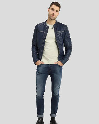 Men's Olin Blue Biker Leather Jacket – view 2