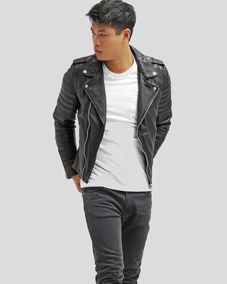 Men's Cain Black Slim Fit Biker Leather Jacket – view 7
