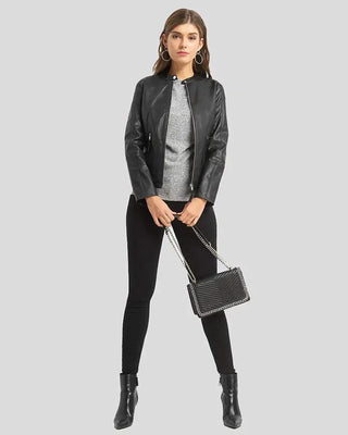 Women's Cora Black Biker Leather Jacket – view 2