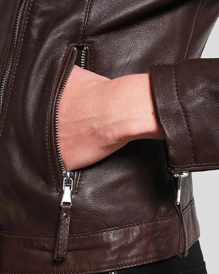 Women's Luna Brown Biker Leather Jacket – view 3