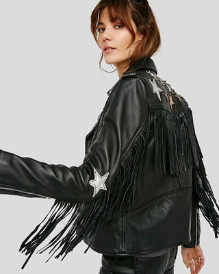 Women's Sloane Black Biker Leather Jacket Tassels
