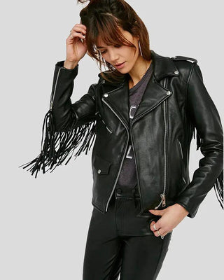 Women's Sloane Black Biker Leather Jacket Tassels – view 2