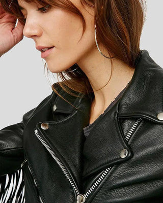 Women's Sloane Black Biker Leather Jacket Tassels – view 3