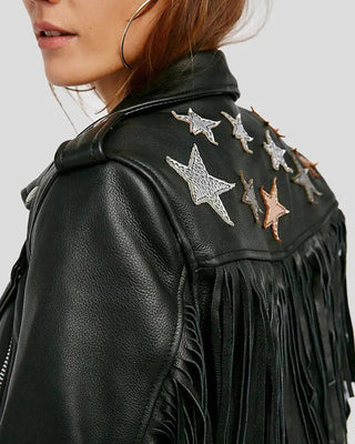 Women's Sloane Black Biker Leather Jacket Tassels – view 4