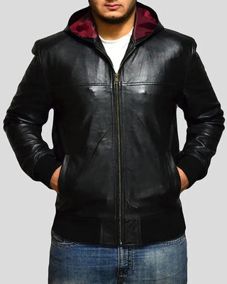 Men's Shane Black Bomber Leather Jacket Hooded