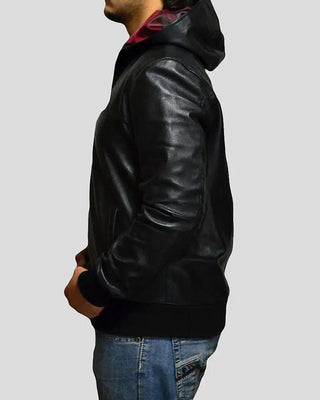 Men's Shane Black Bomber Leather Jacket Hooded – view 2