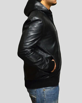 Men's Shane Black Bomber Leather Jacket Hooded – view 3