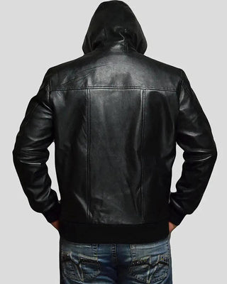 Men's Shane Black Bomber Leather Jacket Hooded – view 4