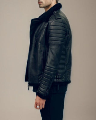 Side view of Arsalan Shearling Quilted Leather Jacket