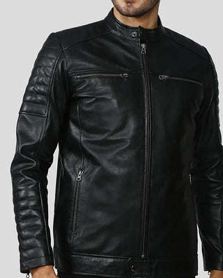 Men's Enzo Black Slim Fit Leather Racer Jacket – view 2