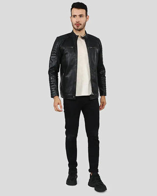 Men's Enzo Black Slim Fit Leather Racer Jacket – view 6