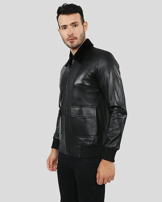 Men's Flynn Black Bomber Leather Jacket – view 3